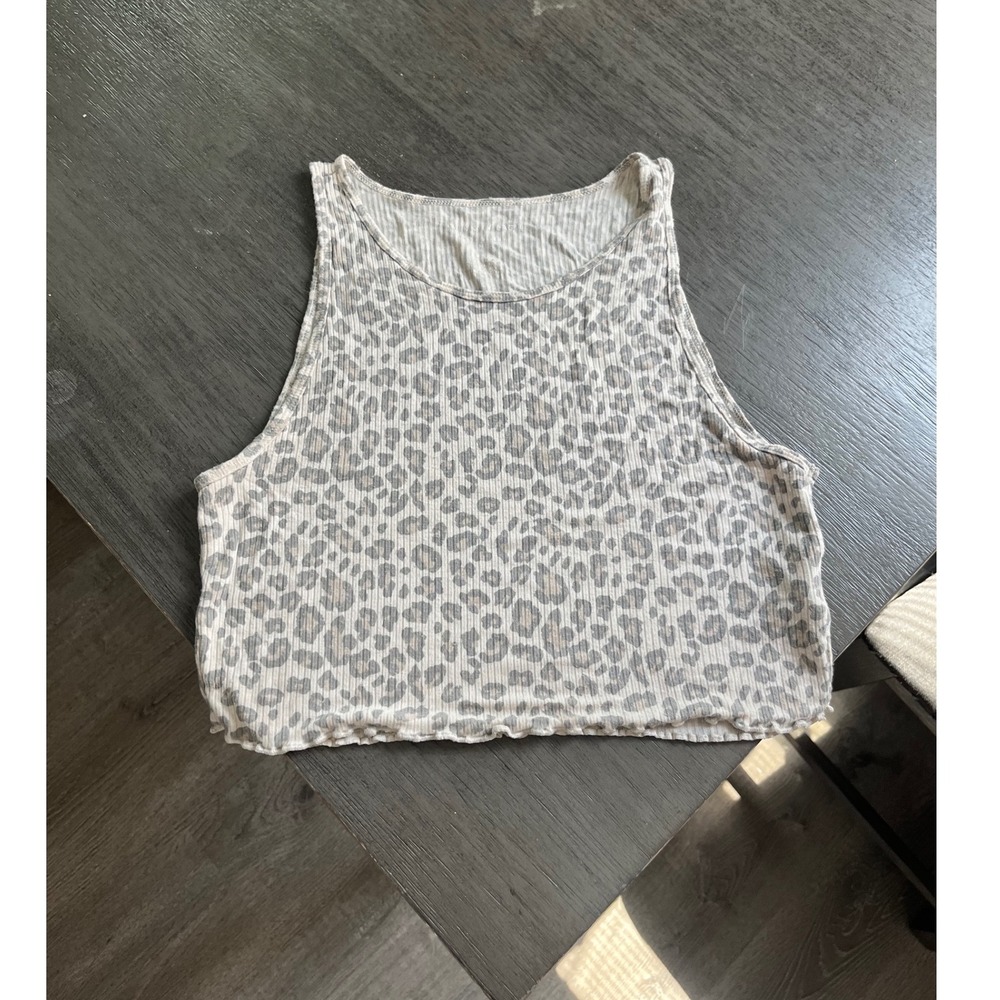 American Eagle Soft & Sexy Ribbed Leopard Print Cropped Tank Top Grey White M